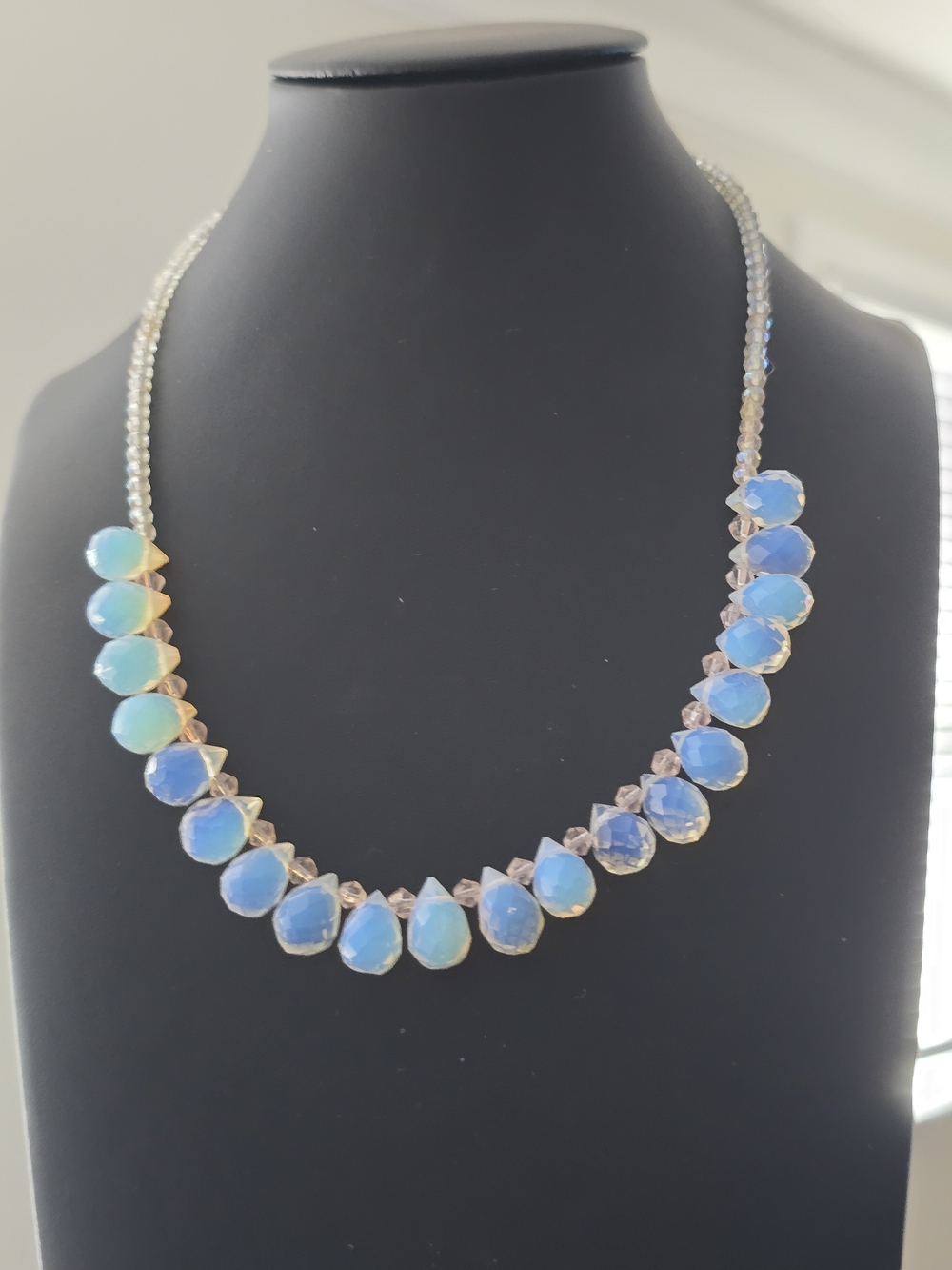 Vintage Artisan Opalite Glass Briolette Necklace Rose Floral Toggle Clasp
